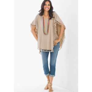 Chico's Tan Pom-Pom Top 1 Tassles Poncho Plus  Lagenlook Modern Boho M
